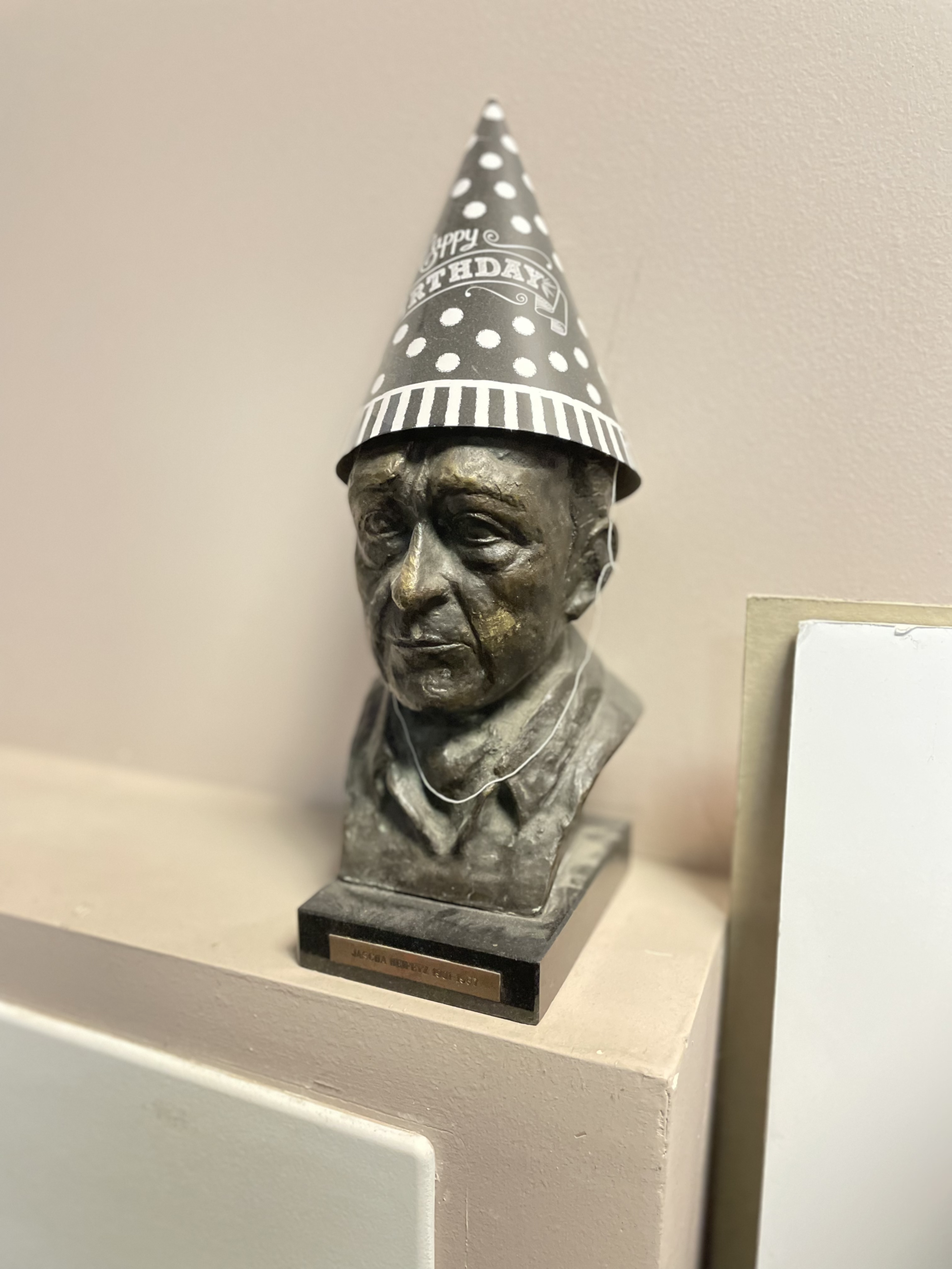 Hindemith bust with a Birthday Hat